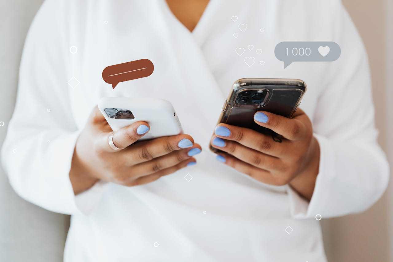 services-04 A woman in a white robe interacts with two smartphones, showcasing social media engagement icons.